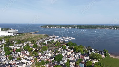 Aerial view of historic Salem town skyline, Harbor, and Salem Maritime National Historic Site, Massachusetts
