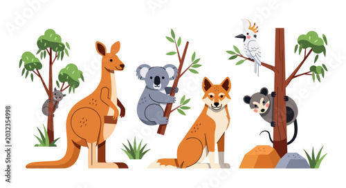 Schilderij op canvas Cute Australian Animals Collection: Kangaroo, Koala, Dingo, Cockatoo, Possum