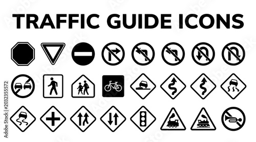 Foto A collection of various traffic guide and road safety icons, including prohibition, warning, and mandatory signs