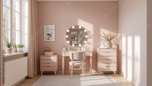 Generative AI creates a cozy pastel-colored dressing room with elegant furniture