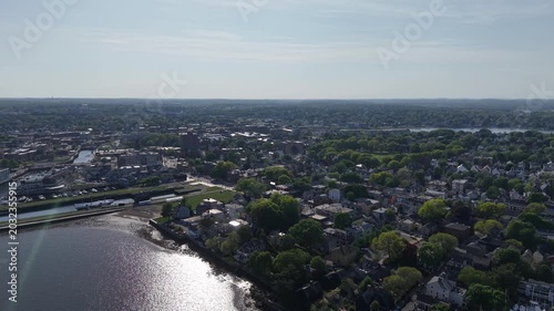 Aerial view of historic Salem town skyline, Harbor, and Salem Maritime National Historic Site, Massachusetts