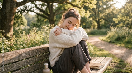 A young woman sits alone on a park bench, eyes closed, embracing herself in a moment of quiet contemplation. Sunlight filters through the trees, casting a warm glow on the serene scene