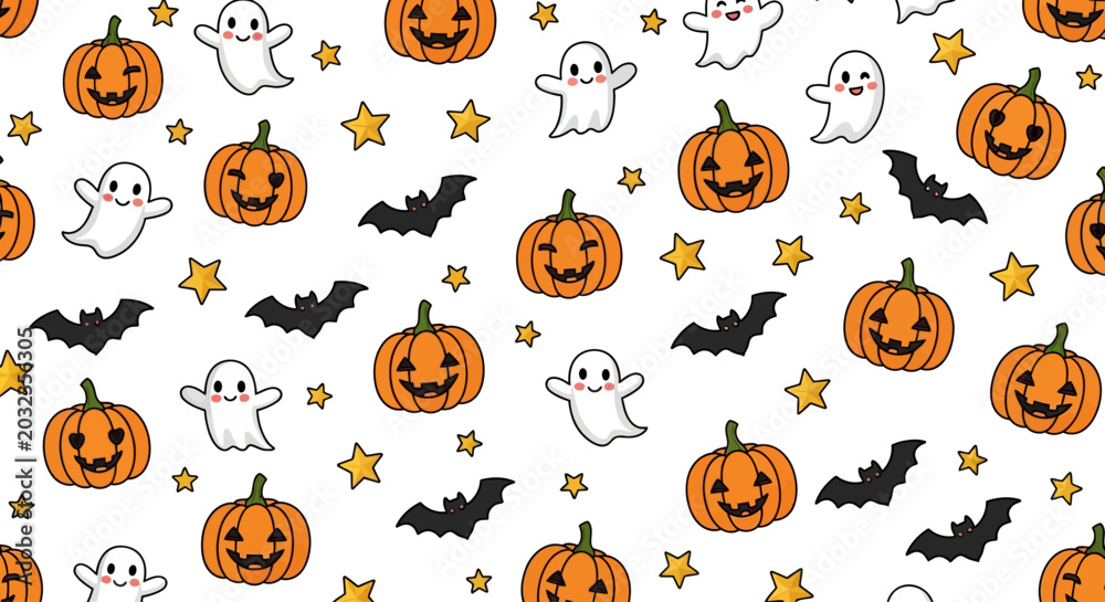 Fototapeta premium Halloween Seamless Background With Smiling Orange Pumpkins Tiny White Ghosts Black Bats and Golden Stars on Clean White Surface
