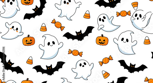 Photos Playful White Ghosts Flying Black Bats and Sweet Orange Treats Arranged in a Sea