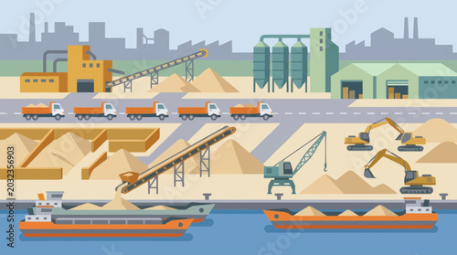 Tableau sur toile Industrial port with cargo ships and construction equipment.