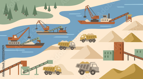 Vászonkép Industrial river scene with dredging and construction equipment.