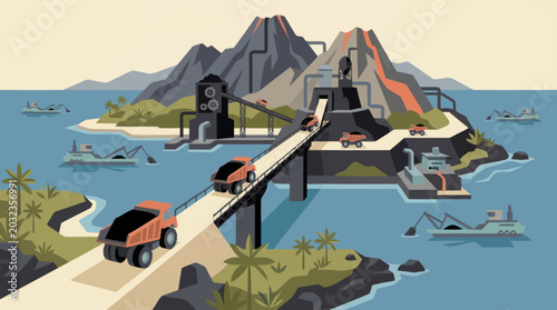 Foto Island industrial complex with volcanoes and vehicles.
