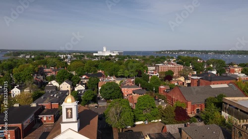 Aerial view of historic Salem town skyline, Harbor, and Salem Maritime National Historic Site, Massachusetts