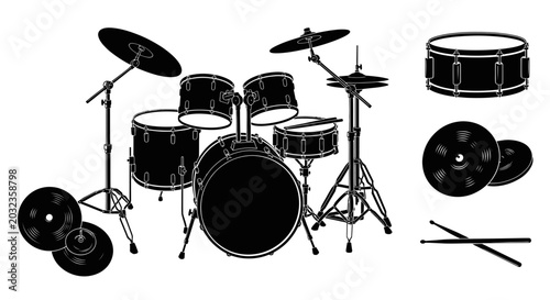 Photos Drum Kit Silhouette with Cymbals and Drumsticks