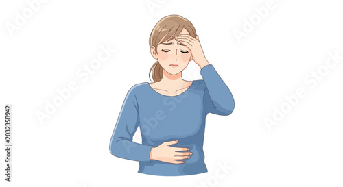 Foto Woman with stomach ache, headache, feeling unwell, holding her belly and forehea