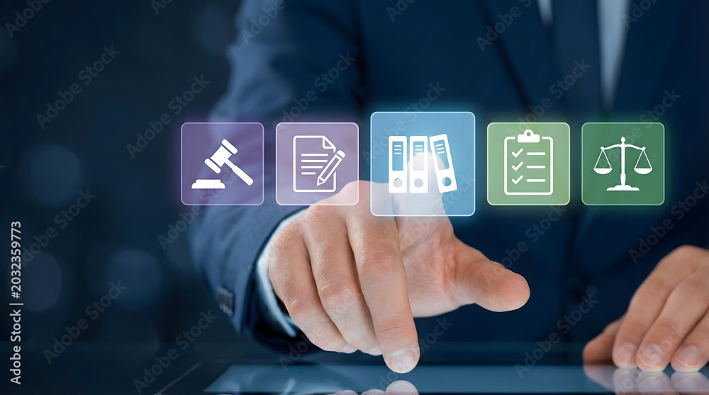 Fototapeta premium Businessman interacting with legal icons on a digital interface
