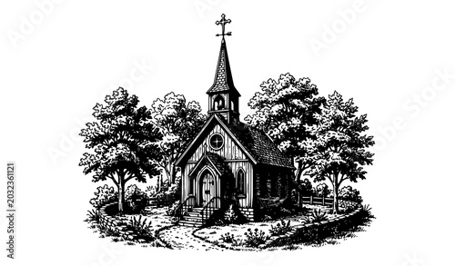 Photos Monochrome country church vector sketch with trees and cross topped steeple illu