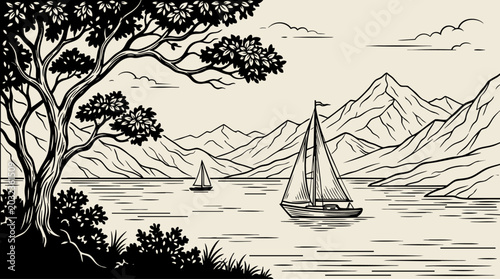 Obraz na płótnie Mountain lake landscape line art vector sailing nature scene
