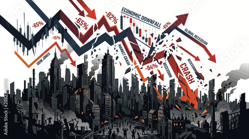 Tableau sur toile Illustration of a cityscape with crashing stock market graphs and arrows indicating financial downturn with a dark and ominous mood