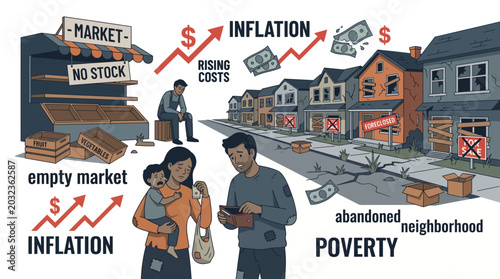 Bild auf Leinwand Illustration depicting a family navigating through an abandoned neighborhood with rising inflation and poverty, surrounded by empty market stalls and houses with boarded-up windows