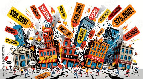 Tableau sur toile Colorful cityscape with buildings and people amidst floating price tags in a vibrant, cartoonish style with a lively mood