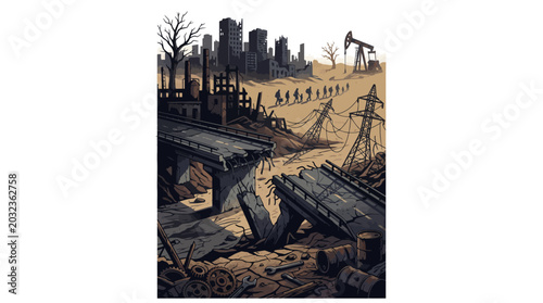 Photos Desolate landscape of a destroyed cityscape with a broken bridge and oil rig in the background, conveying a somber mood with dark and muted tones