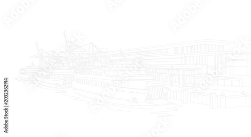 Modern Ferry Boat Docked at Port Terminal, Architectural Sketch Style