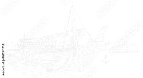 Schilderij op canvas Vintage sailing dhow boat docked in a serene, misty harbor with distant hills