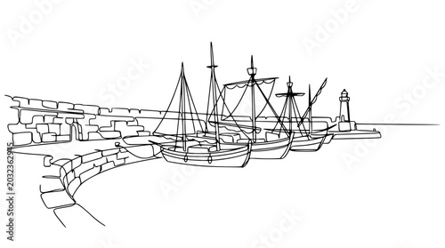 Line Art Drawing of Sailing Boats Docked in Harbor with Lighthouse