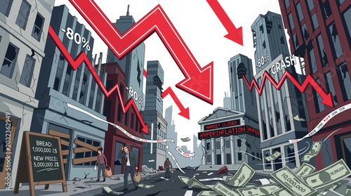 Photos Digital illustration of a city street with falling red graphs and scattered mone