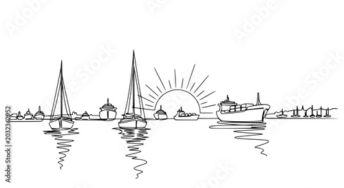 Continuous line drawing of sailboats and boats at sunrise over the sea, minimalist art.