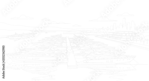 Sleek Yacht Marina Outline Drawing, Waterfront Cityscape Horizon
