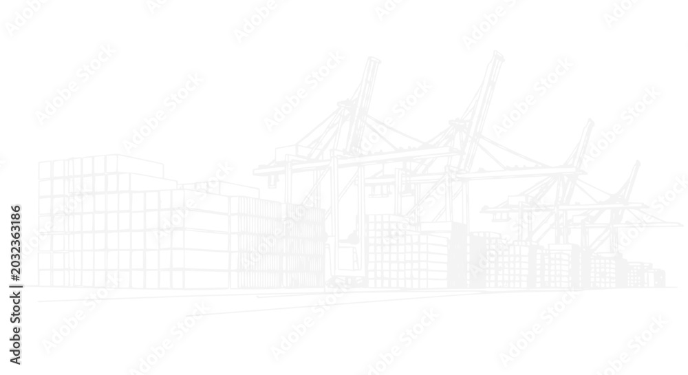 Fototapeta premium Industrial Shipping Port Cranes and Cargo Containers - Minimalist Line Art