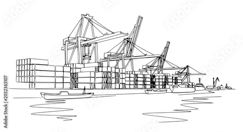 Industrial Shipping Port with Cranes, Containers, and Ships - Line Art Sketch