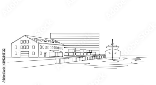 Industrial Port Scene with Warehouse, Cargo Ship, and Pier in Sketchy Line Art Style