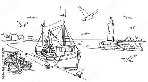 Photos Fishing Boat Docked in Harbor with Lighthouse and Seagulls - Line Art