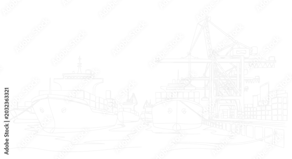 Fototapeta premium Sketch of cargo ships and cranes in a busy port, industrial maritime scene, line art