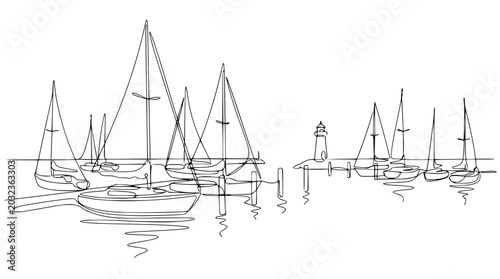 Fotografie Minimalist Line Art: Sailboats and Lighthouse in Harbor