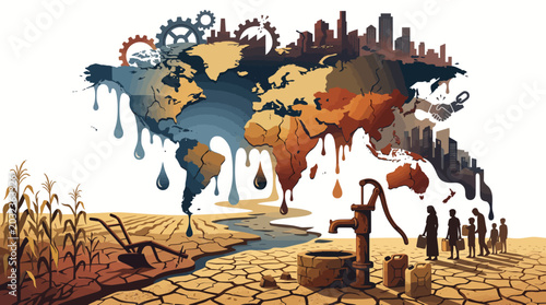 Schilderij op canvas Illustration of a melting world map with industrial and natural elements on a cracked earth surface with a well and dry plants