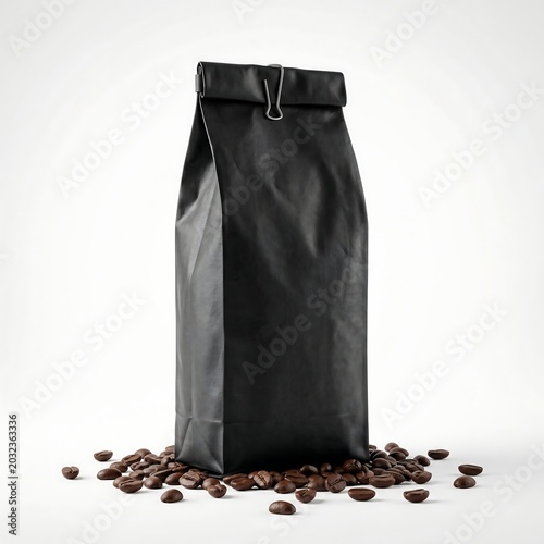 Photorealistic studio presentation of a contemporary matte black stand-up pouch, elegantly surrounded by scattered whole roasted coffee beans, ideal for premium product display and branding mockups
