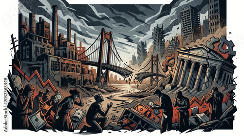 Canvastavla Illustration of a post-apocalyptic cityscape with destroyed buildings, rubble, and debris scattered throughout the streets, with a dark and ominous cloudy sky