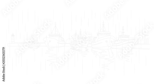 Bild auf Leinwand Minimalist sketch of fishing boats docked in a harbor, with lighthouse and refle