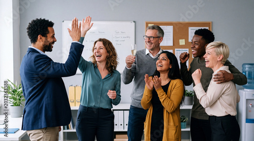 Teamwork celebration office colleagues happy group high five business success workplace joy diverse team coworker unity cheerful employee smiling people
