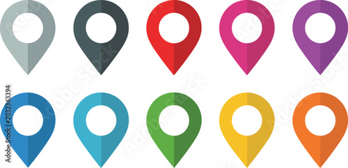 Ten colorful map pin arranged in two rows with flat style and split tone shading on a white background representing navigation and location markers for digital interfaces