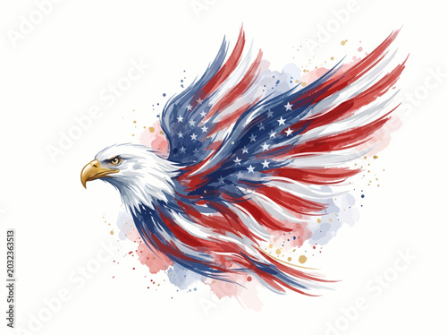 Majestic flying eagle illustration with wings adorned in patriotic stars and stripes watercolor splashes, symbolizing freedom and national pride in vibrant artistic style