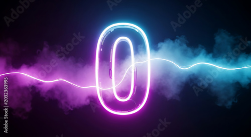 Futuristic glowing zero number with electric light waves background