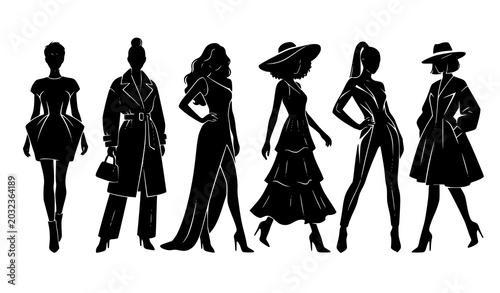 Tableau sur toile Elegant fashion women silhouettes vector set with stylish runway female poses is