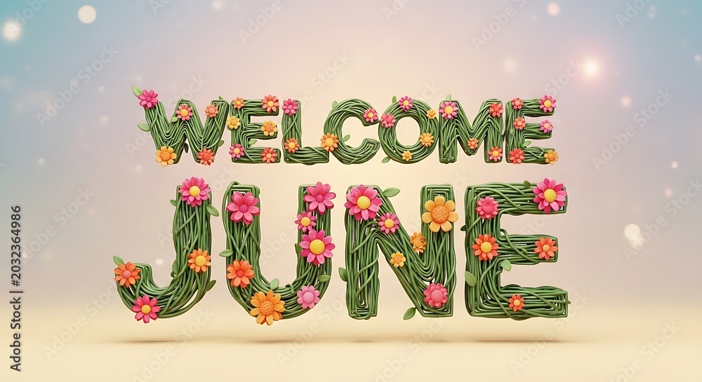 Naklejka premium Colorful Welcome June Summer Greeting Banner with Floral Typography on Light Background