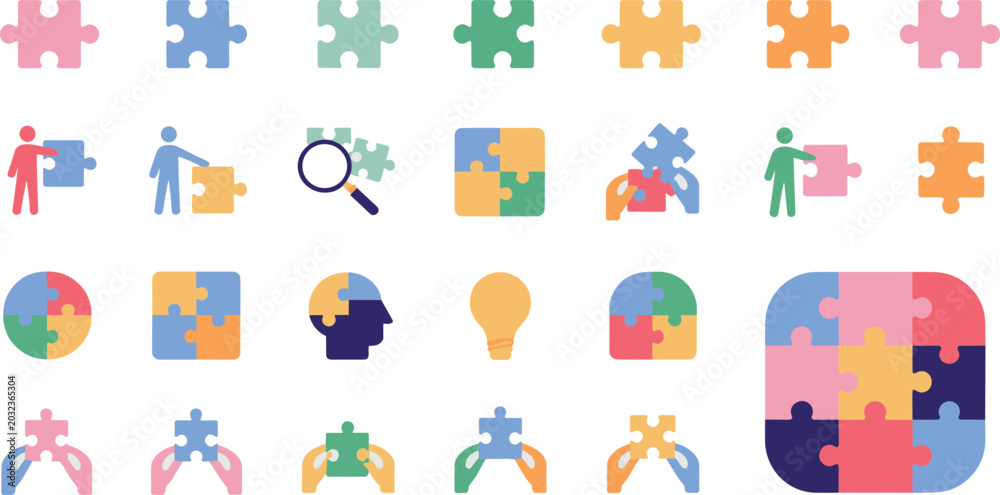 Fototapeta premium Jigsaw Puzzle Piece Icon Set with Business Strategy, Problem Solving, and Teamwork Symbols for Corporate Brainstorming Presentations, Collaboration Software, and Mobile Apps