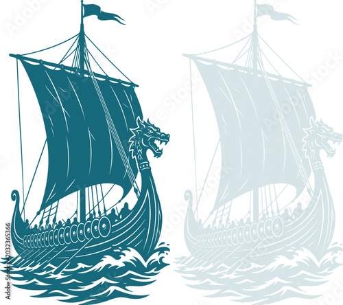 Fotografía Viking Longship with Dragon Head Figurehead sailing on ocean waves vector illust