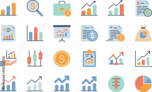 Financial Analytics and Business Data Graph Icon Set with Stock Market, Pie Chart, and Currency Symbols for Corporate Reports, Infographics, and Web Dashboards