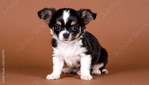 A small, adorable puppy with black, white, and tan fur sits on a brown backdrop, gazing directly at the viewer