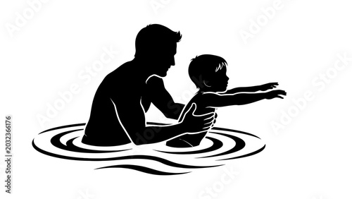 Swimming, father, child, learning, silhouette, black, vector, illustration, pool, water, safety, teaching, parenting