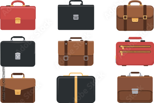 Photos Business Briefcase Icon Set with Colorful Leather Attache Bags and Suitcase Symb