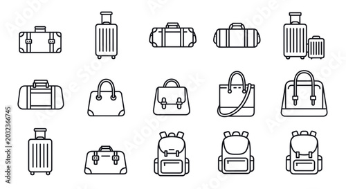 Foto Travel Luggage Icons Set: Suitcases, Duffel Bags, Backpacks, Tote Bags